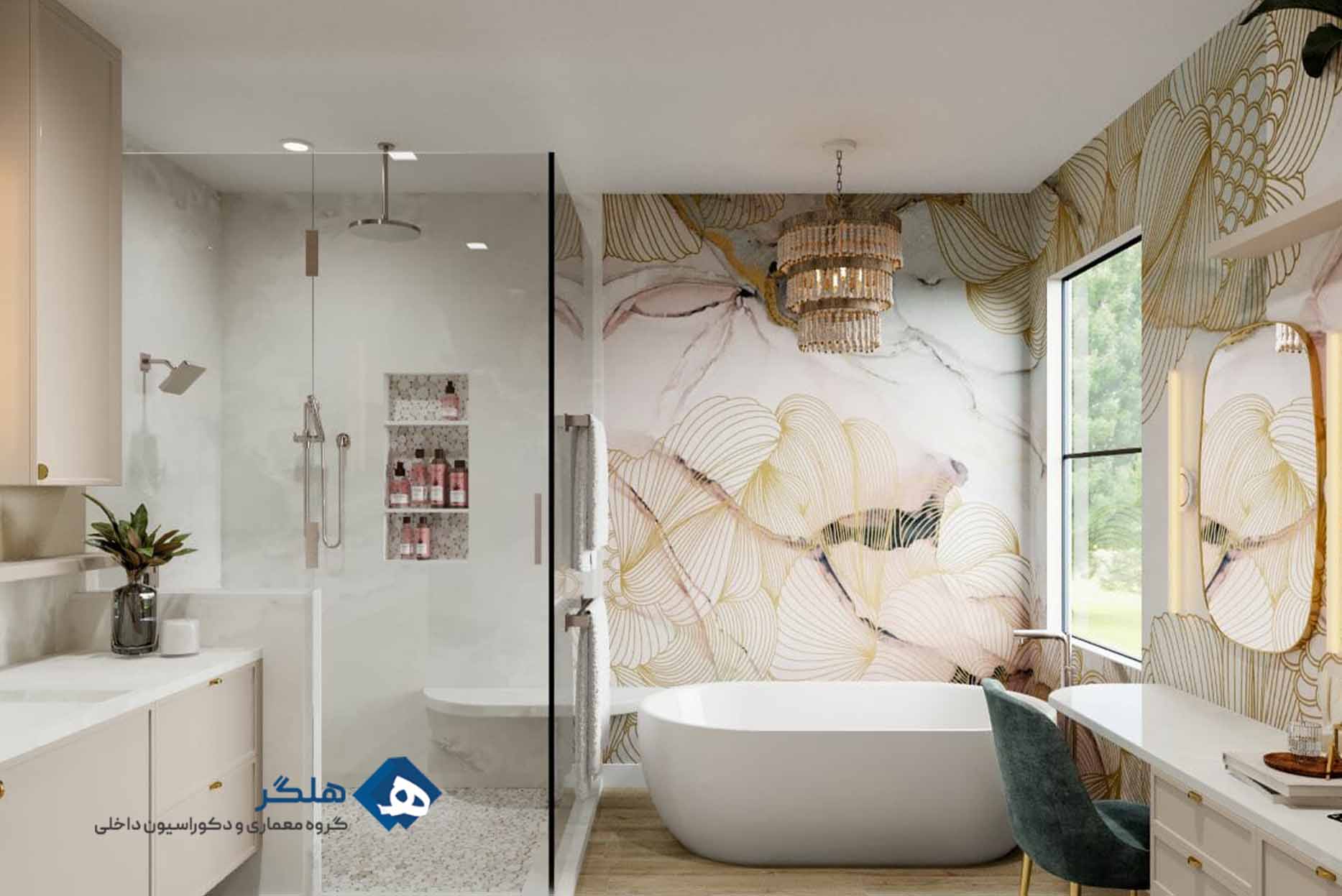 دکوراسیون سرویس بهداشتی سفید و چوب